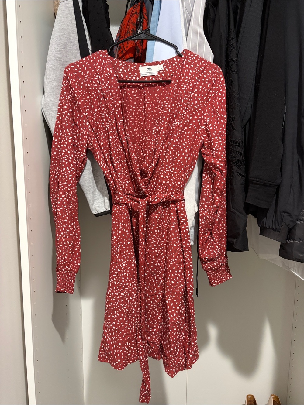 twik Rust Red Long Sleeve Wrap Dress with White Spot Print